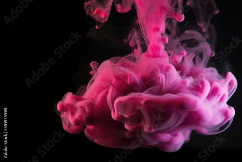 Ink water. Color fume. Acrylic paint drop. Pink glowing fog cloud floating on black creative abstract art background with free space