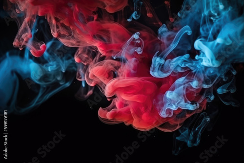 Fume texture. Color mist. Ink water mix. Red blue burning hot sparks smoke cloud particles floating on dark black abstract art background with copy space