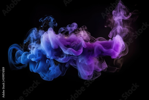 Color mist. Ink water. Haze floating. Magic spell explosion. Blue purple glowing smoke cloud wave on dark black abstract art background