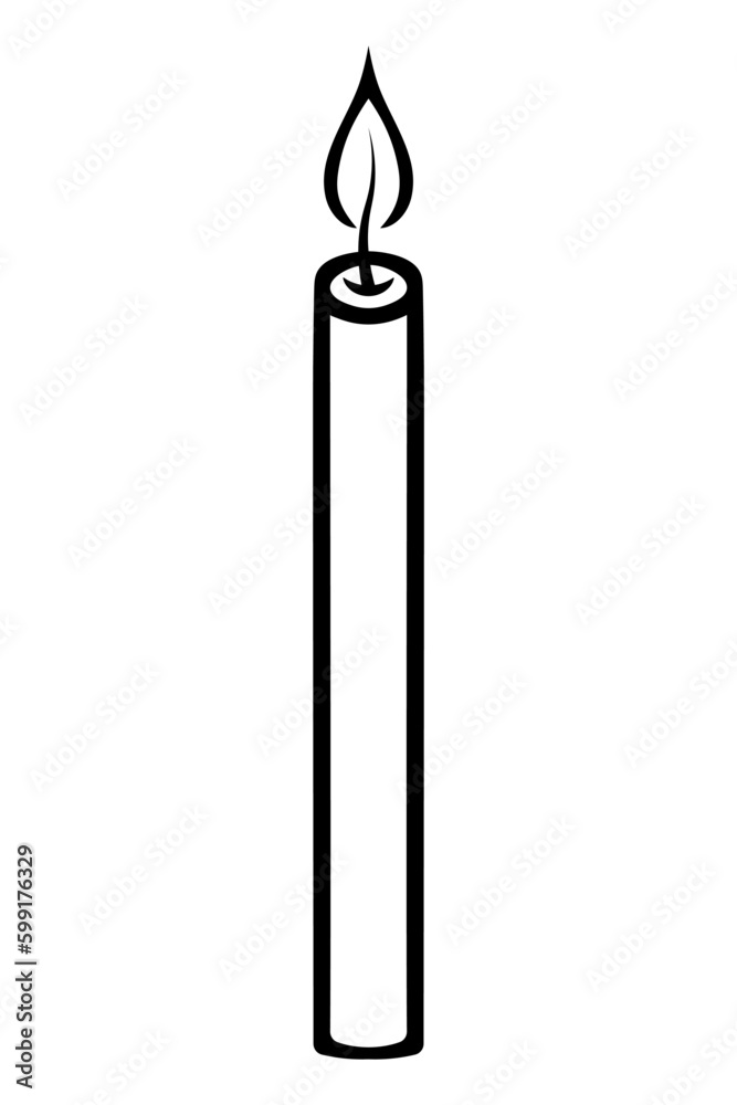 Thin candle. Sketch. Flaming fire. Decoration for a birthday cake. Vector illustration. Coloring book for children. Doodle style. Outline on isolated background. Idea for web design, invitations Thin candle. Sketch. Flaming fire. Decoration for a birthday cake. Vector illustration. Coloring book for children. Doodle style. Outline on isolated background. Idea for web design, invitations