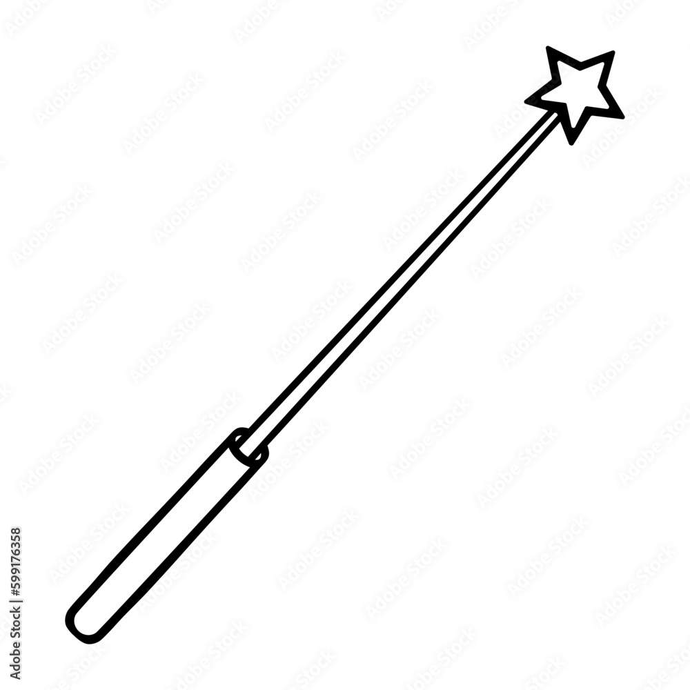Magic wand. Sketch. Wand with a star on the end. A tool to create a wonderful atmosphere. Vector illustration. Doodle style. Outline on isolated background. Idea for web design. Magic wand. Sketch. Wand with a star on the end. A tool to create a wonderful atmosphere. Vector illustration. Doodle style. Outline on isolated background. Idea for web design.