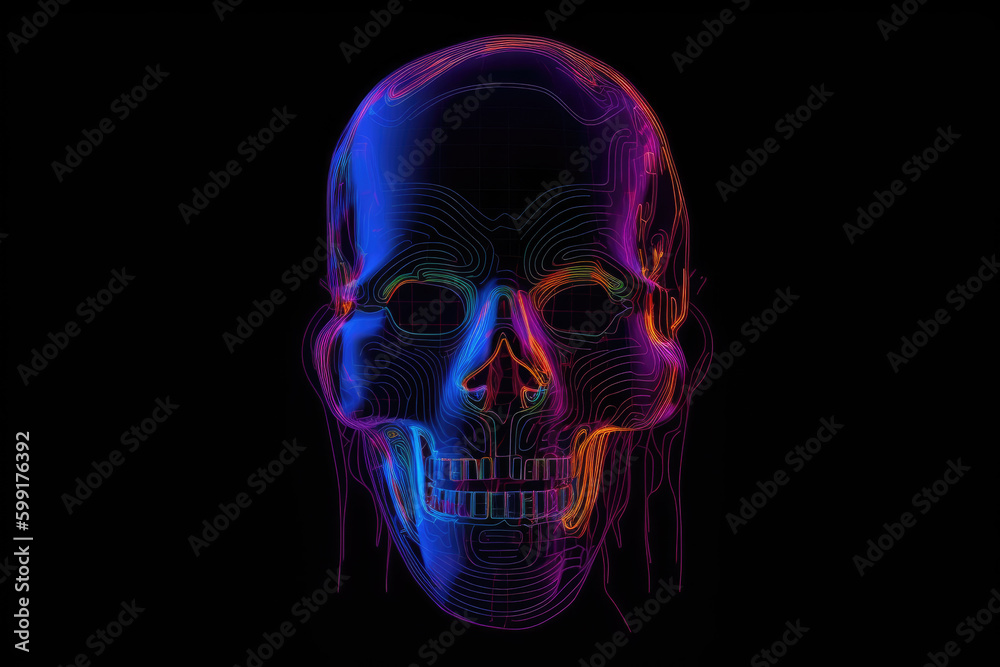 Glitch art. Cyber noise. Sci-Fi intelligence. Neon light purple blue orange color pixel glowing alien face on dark black futuristic abstract art illustration background Glitch art. Cyber noise. Sci-Fi intelligence. Neon light purple blue orange color pixel glowing alien face on dark black futuristic abstract art illustration background