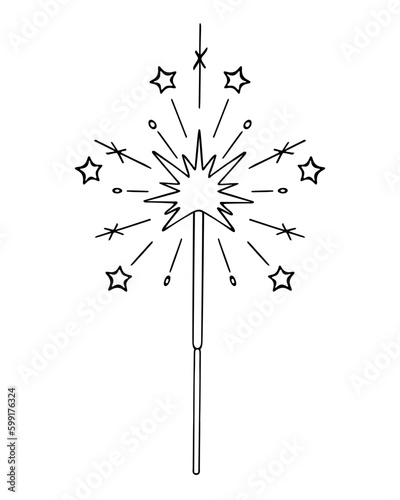 Burning sparkler. From a lit fire, sparks scatter in the form of stars. Sketch. Pyrotechnics. Vector illustration. Outline on isolated background. Doodle style. Coloring book 