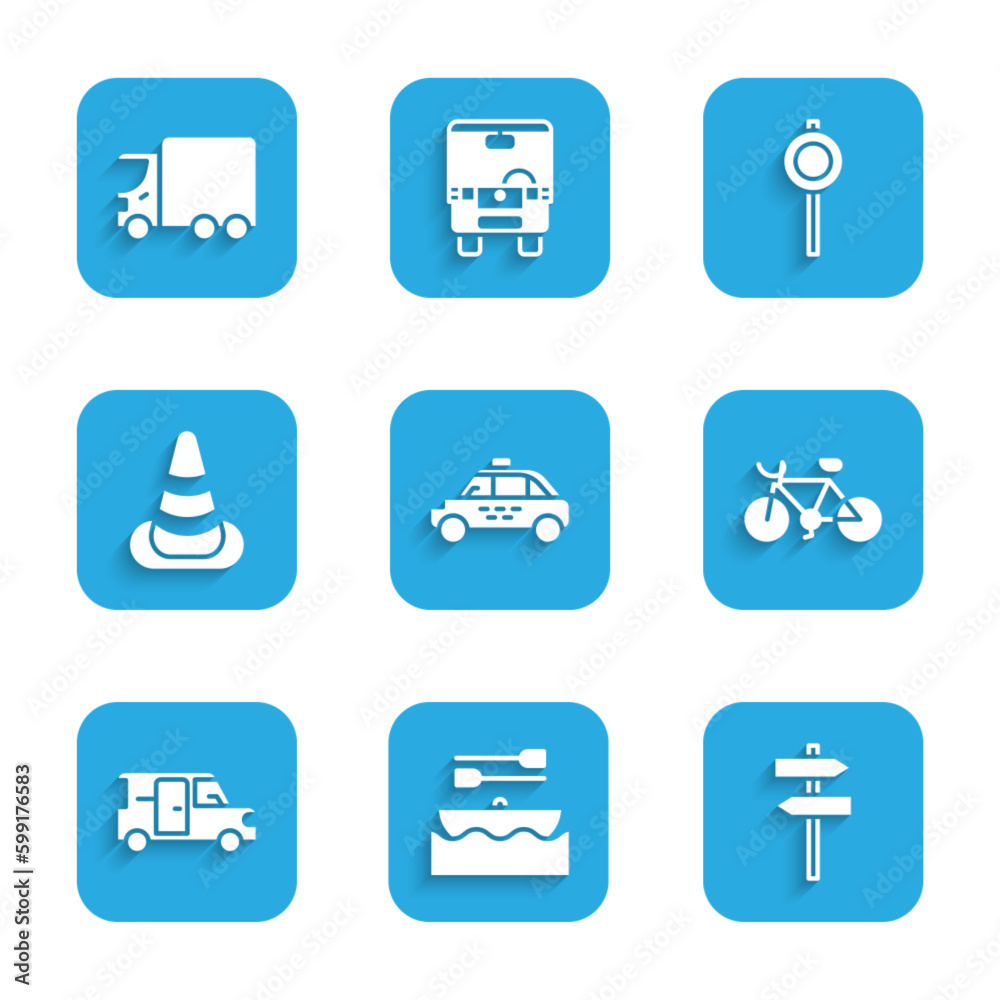 Set Taxi car, Boat with oars, Road traffic signpost, Bicycle, Minibus, Traffic cone, and Delivery cargo truck icon. Vector Set Taxi car, Boat with oars, Road traffic signpost, Bicycle, Minibus, Traffic cone, and Delivery cargo truck icon. Vector