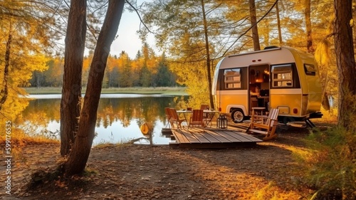 Foto Traveling by caravan or camper and camping with a trailer for a mobile home or recreational vehicle, camping in the fall