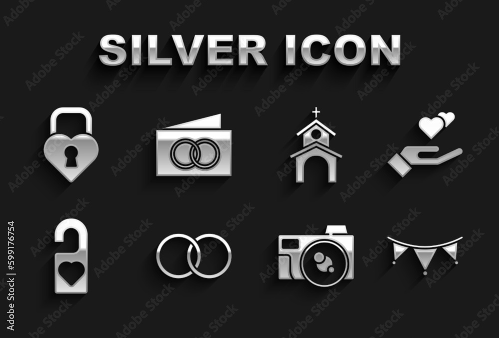 Set Wedding rings, Heart hand, Carnival garland with flags, Photo camera, Please do not disturb, Church building, Castle the shape of heart and Greeting card icon. Vector Set Wedding rings, Heart hand, Carnival garland with flags, Photo camera, Please do not disturb, Church building, Castle the shape of heart and Greeting card icon. Vector