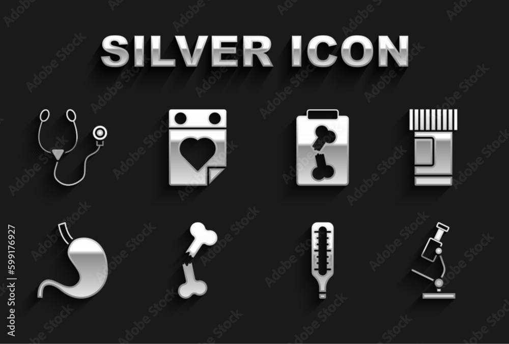 Set Human broken bone, Medicine bottle and pills, Microscope, Medical thermometer, stomach, X-ray shots, Stethoscope and Doctor appointment icon. Vector Set Human broken bone, Medicine bottle and pills, Microscope, Medical thermometer, stomach, X-ray shots, Stethoscope and Doctor appointment icon. Vector