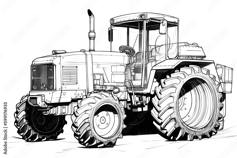 Inked lines converge, grayscale hues meld, crafting a tractor's detailed sketch. Pencil and ink unite, revealing technical artistry on paper. Generative AI