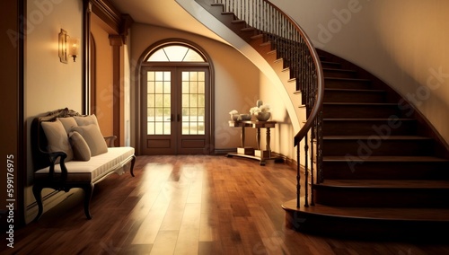 Rich wood tones staircase and bench create elegance