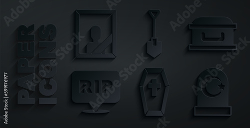 Set Coffin with cross, Speech bubble rip death, Muslim cemetery, Shovel and Mourning photo frame icon. Vector