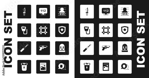 Set Suspect criminal, Prison window, Walkie talkie, Military knife, Police badge, Telephone call 112, Flasher siren and Telescopic baton icon. Vector