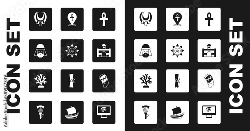 Set Cross ankh, Sun, Egyptian man, necklace, house, Nefertiti and Coral icon. Vector