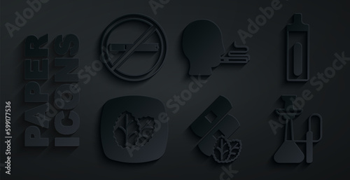 Set Medical nicotine patches, Electronic cigarette, Tobacco leaf, Hookah, Man smoking and No icon. Vector