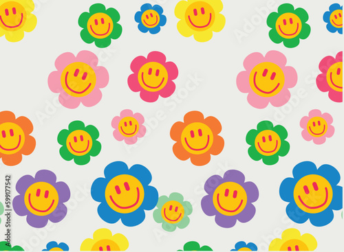 Groovy seamless patterns with funny happy daisy backgrounds in trendy retro trippy y2k style. 