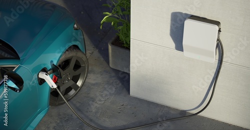 Generic electric vehicle EV hybrid car is being charged from a wallbox near a contemporary modern residential building house