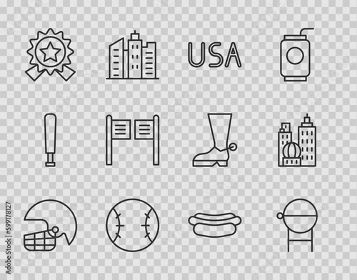 Set line American football helmet, Barbecue grill, USA label, Baseball, Medal with star, Saloon door, Hotdog sandwich and City landscape icon. Vector