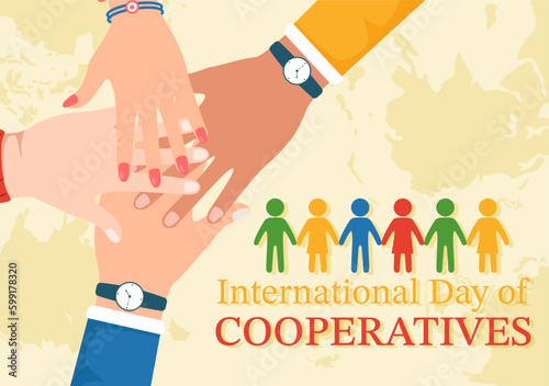 International Day of Cooperatives Vector Illustration with Hand, Earth Map or People in Flat Cartoon Hand Drawn Landing Page Background Templates