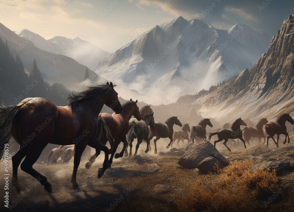 Galloping Horses: A Captivating Scene of a Horse Herd Threading Through Mountains of Snow, Set Against the Grandeur of Beautiful Mountain Scenery