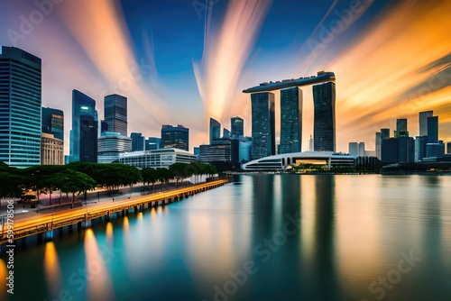 A breathtaking view of Singapore's magnificent skyscrapers illuminated at night. The city's vibrant energy is on full display in this stunning skyline shot. generated by AI