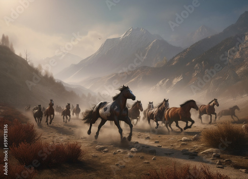 Galloping Horses: A Captivating Scene of a Horse Herd Threading Through Mountains of Snow, Set Against the Grandeur of Beautiful Mountain Scenery © Musashi_Collection