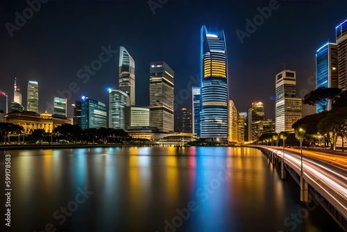 A breathtaking view of Singapore's magnificent skyscrapers illuminated at night. The city's vibrant energy is on full display in this stunning skyline shot. generated by AI © STORYTELLER