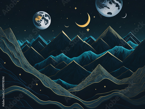 Mountain landscape with moon and stars. 3D illustration. Cartoon style. Digital art for wall decor. AI generated.