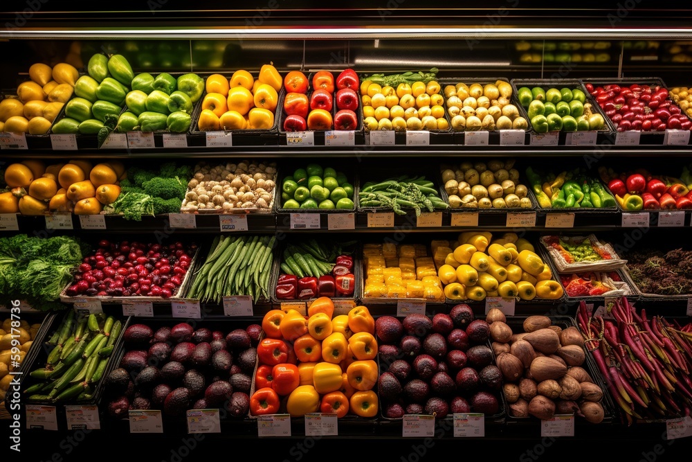 Vegetables and fruits on shelf in supermarket