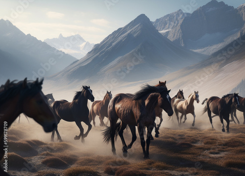 Galloping Horses  A Captivating Scene of a Horse Herd Threading Through Mountains of Snow  Set Against the Grandeur of Beautiful Mountain Scenery