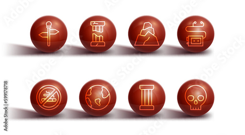 Set line Road traffic signpost, No Smoking, Museum audio guide, Ancient column, Earth globe, Broken ancient, Human skull and Rock stones icon. Vector