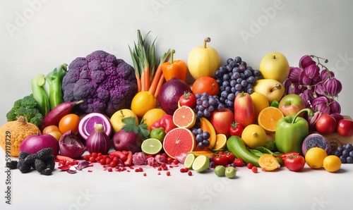 fresh vegetables and fruits lined up in a row with colors and types of fruit