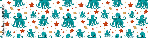 Octopus, starfish, shell seamless vector pattern. Sea inhabitants Marine life. Underwater animals.
