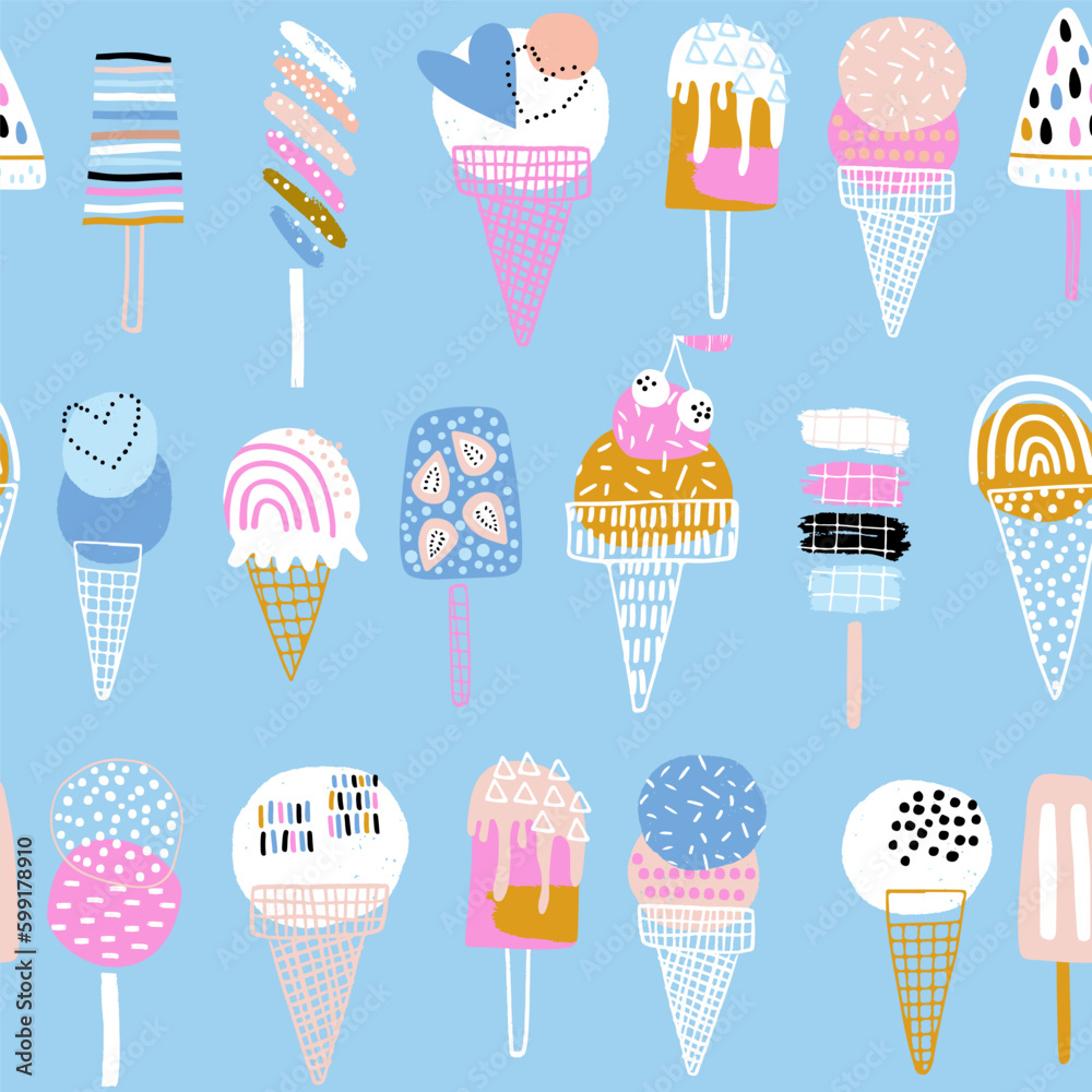 Summer Seamless Pattern With Hand Drawn Ice Cream Modern Summer Pastel Blue Texture For Fabric Summer Seamless Pattern With Hand Drawn Ice Cream Modern Summer Pastel Blue Texture For Fabric