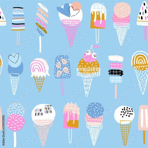 Summer seamless pattern with hand drawn ice cream. Modern summer pastel blue texture for fabric, textile, wallpaper. Vector illustration