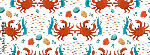 Crab red, school of fish, shell seamless vector pattern. Sea inhabitants. Marine Underwater animals.