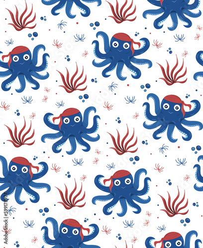 Octopus Pirate and seaweed seamless vector pattern. Sea inhabitants Marine life. Underwater animals.