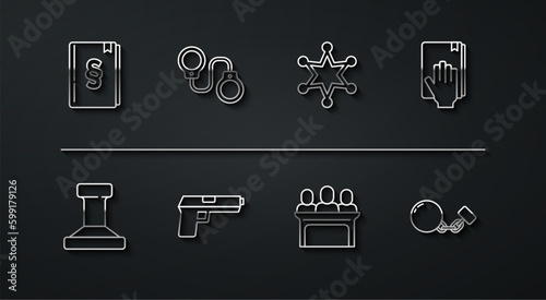 Set line Law book, Stamp, Oath on the Holy Bible, Jurors, Pistol gun, Handcuffs, Ball chain and Hexagram sheriff icon. Vector
