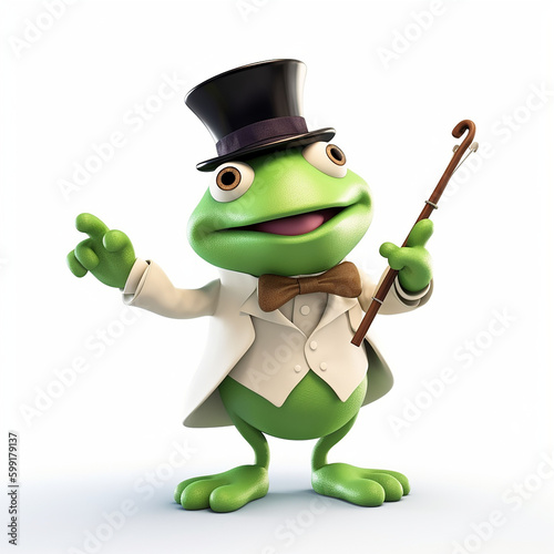Cartoon frog in a top hat with a cane on a white background.   Generative AI