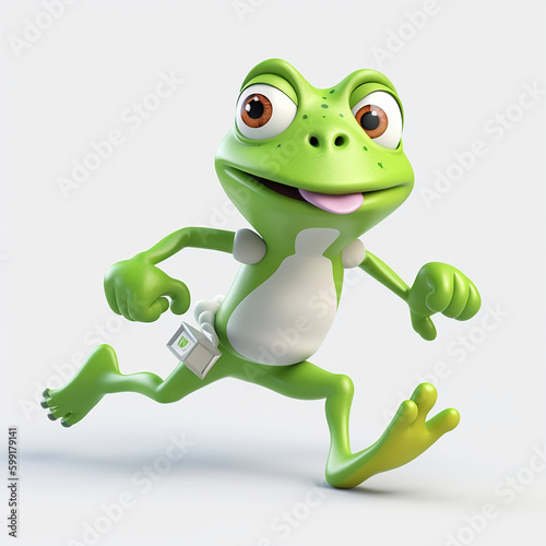 Cartoon frog running on a white background. 3d rendering.   Generative AI © Maria