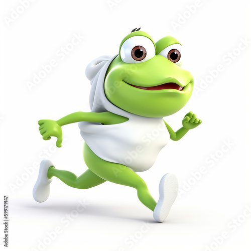 Cartoon character of frog with white t-shirt and running pose.   Generative AI