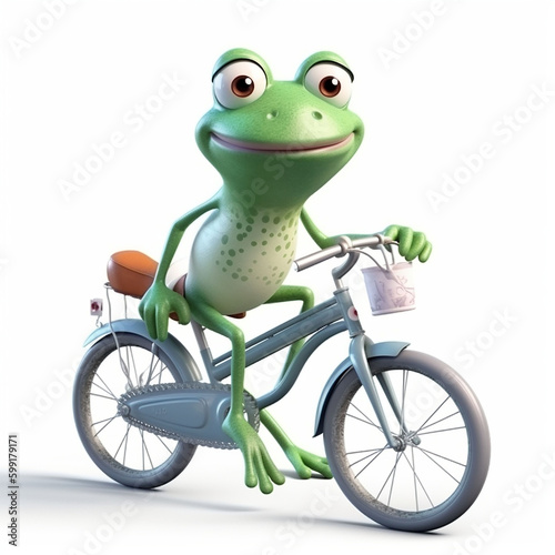 Cartoon frog riding a bicycle on a white background. 3d illustration.   Generative AI