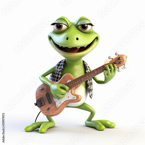 Cartoon frog playing the guitar on white background. 3D illustration.   Generative AI