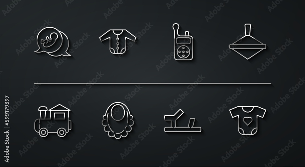 Set line Baby, Toy train, Whirligig toy, shoes, bib, clothes, and Monitor Walkie Talkie icon. Vector Set line Baby, Toy train, Whirligig toy, shoes, bib, clothes, and Monitor Walkie Talkie icon. Vector