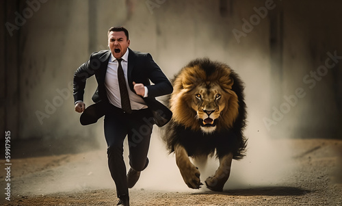 Businessman in a suit getting chased by a lion. Concept of competition and competitors in business. Shallow field of view, illustrative Generative AI. Not a real person. photo