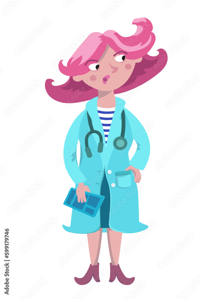 Cute female doctor in uniform. Cartoon illustration for design. Isolated picture on white background.