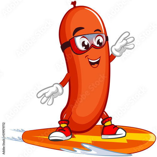 vector mascot character illustration of a sausage surfing with snowboarding
