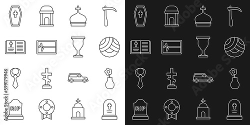 Set line Grave with tombstone, Flower in vase, Memorial wreath, Church tower, Beat dead monitor, Holy bible book, Coffin cross and Christian chalice icon. Vector