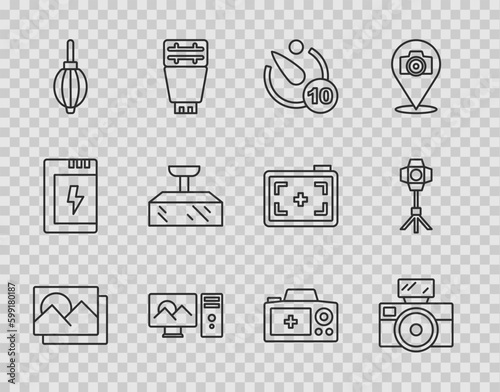 Set line Photo frame, camera with flash, Camera timer, retouching, Dust blower, Softbox light, and icon. Vector