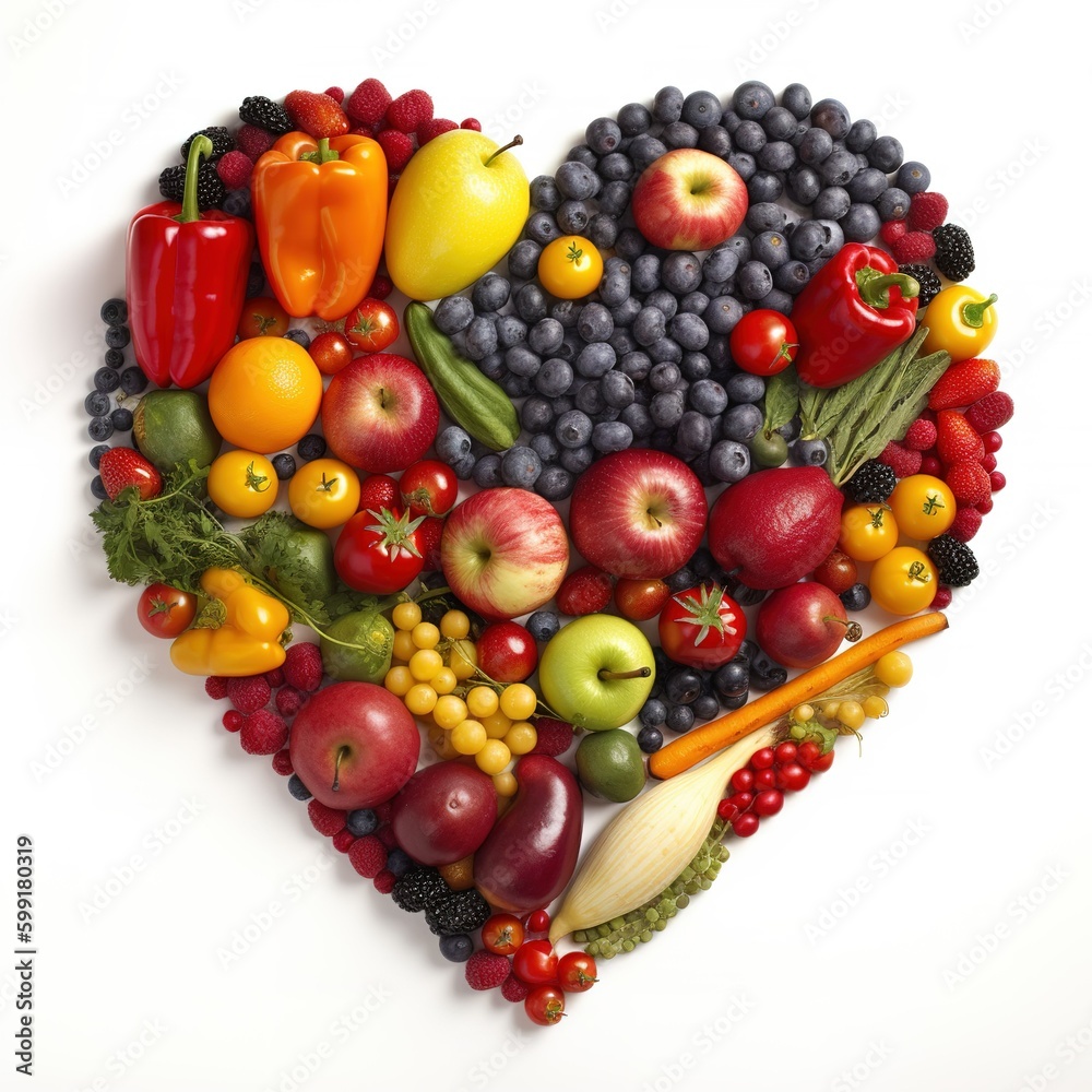 Heart of fruits and vegetables, white background