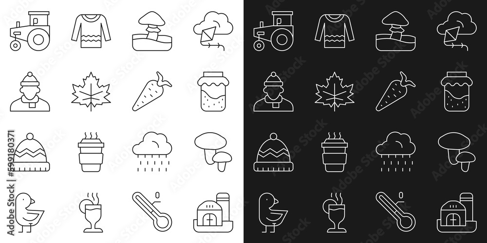 Set line Farm house, Mushroom, Jam jar, Leaf or leaves, Autumn clothes, Tractor and Carrot icon. Vector