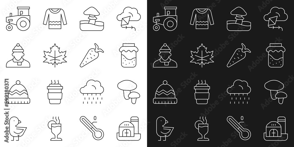Set line Farm house, Mushroom, Jam jar, Leaf or leaves, Autumn clothes, Tractor and Carrot icon. Vector Set line Farm house, Mushroom, Jam jar, Leaf or leaves, Autumn clothes, Tractor and Carrot icon. Vector